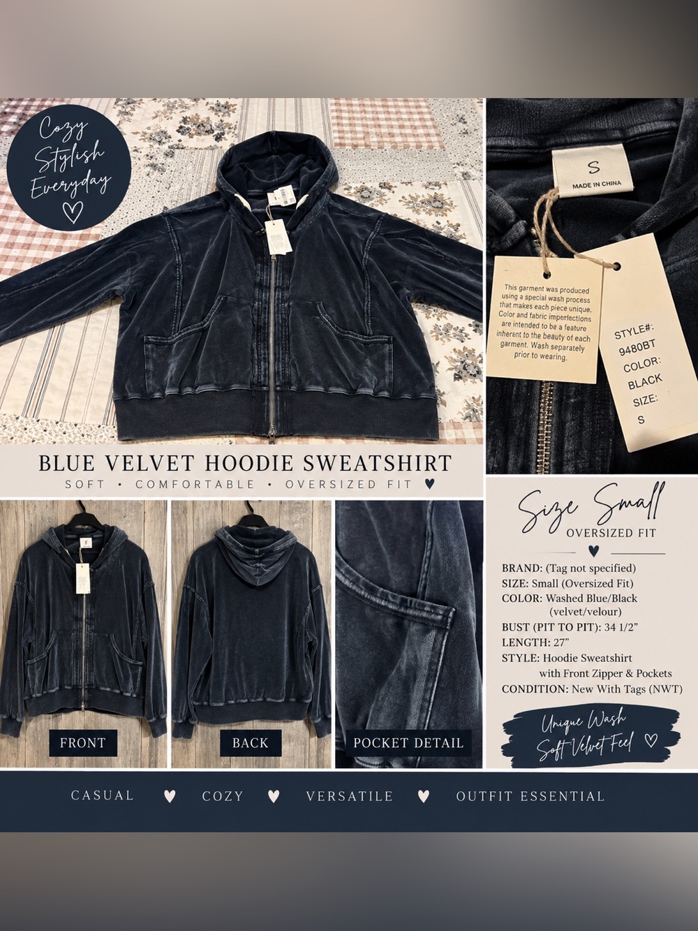 NWT Blue Black Velvet Oversized Zip Hoodie Sweatshirt Size Small